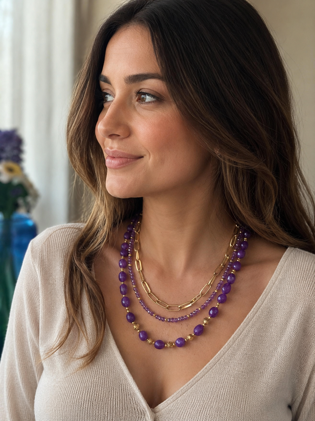 Collana Multifilo a Girocollo Tre Fili con Pietre Naturali | Viola, Bianco, Azzurro, Blu, Rosa | Made in Italy