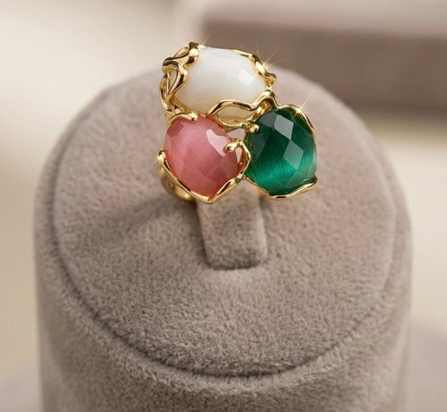 Anelli Anello Regolabile in Bronzo Dorato con Occhi di Gatto Verde, Bianco e Rosa - Handmade Made in Italy
