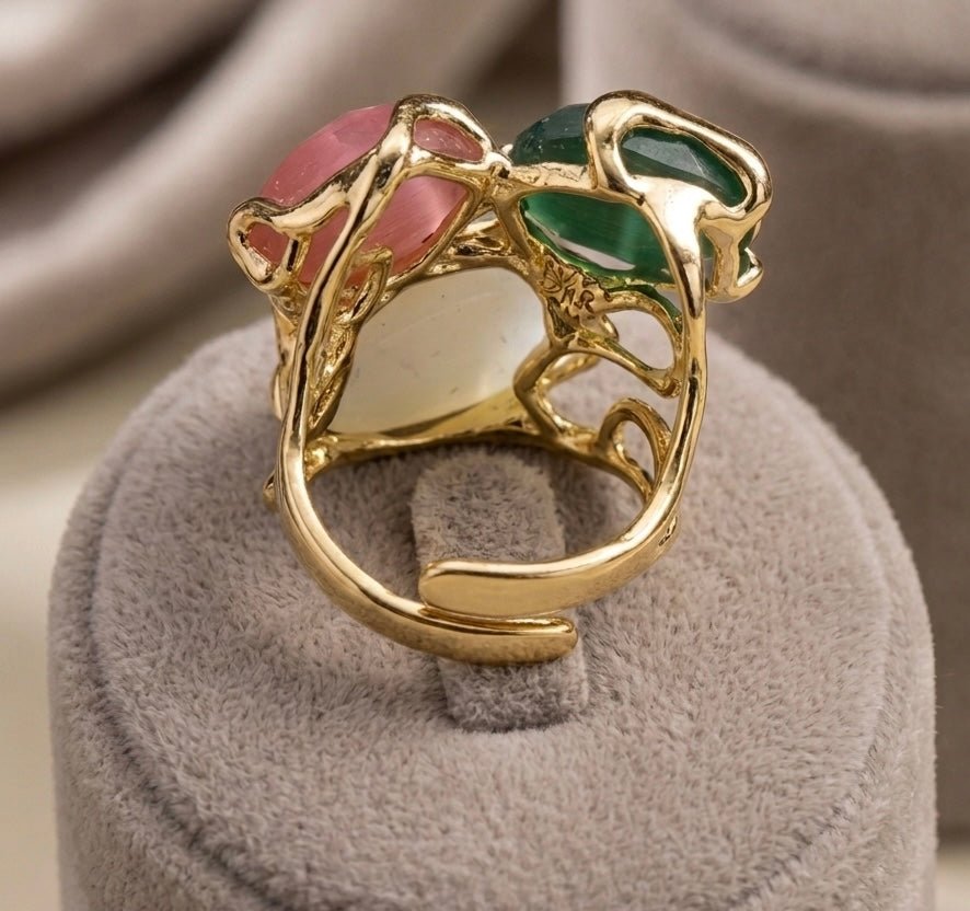 Anelli Anello Regolabile in Bronzo Dorato con Occhi di Gatto Verde, Bianco e Rosa - Handmade Made in Italy