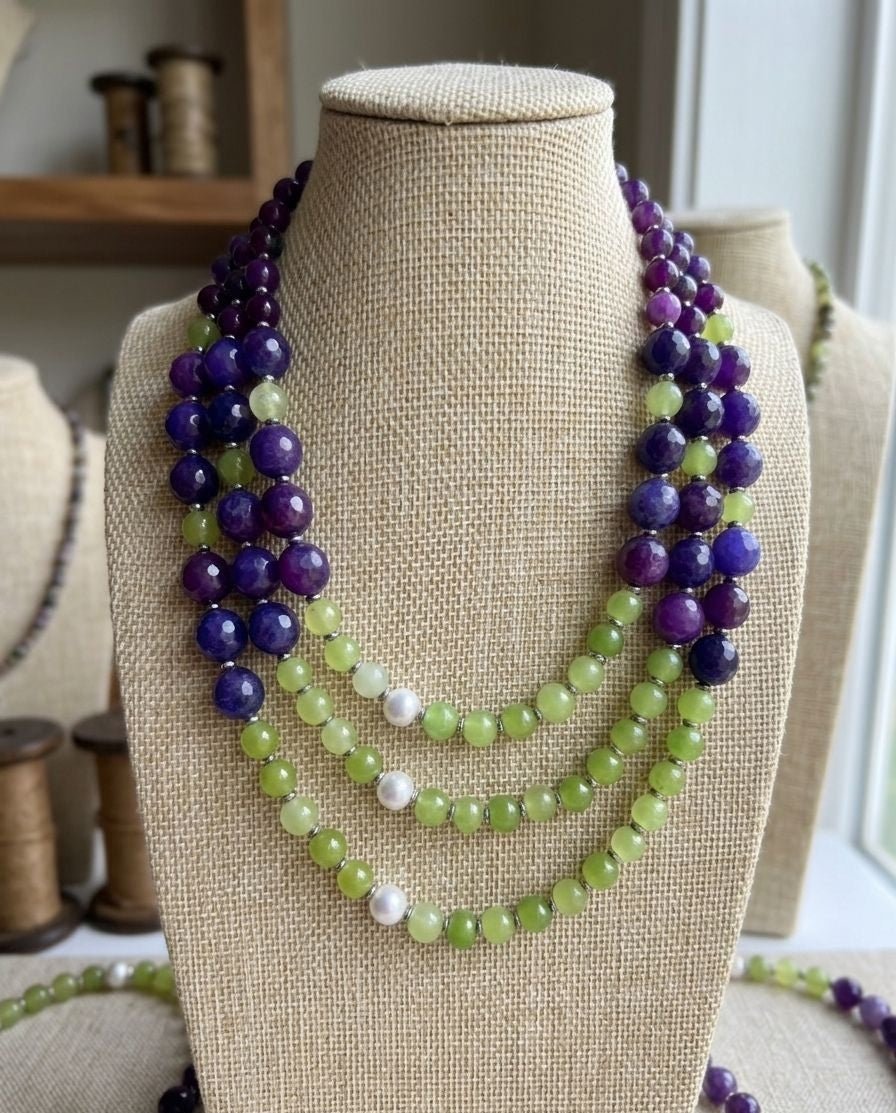 Collana Collana Agata Blu Viola con Crisoprasio, Perle di Maiorca ed Ematite – Handmade - Handmade Made in Italy