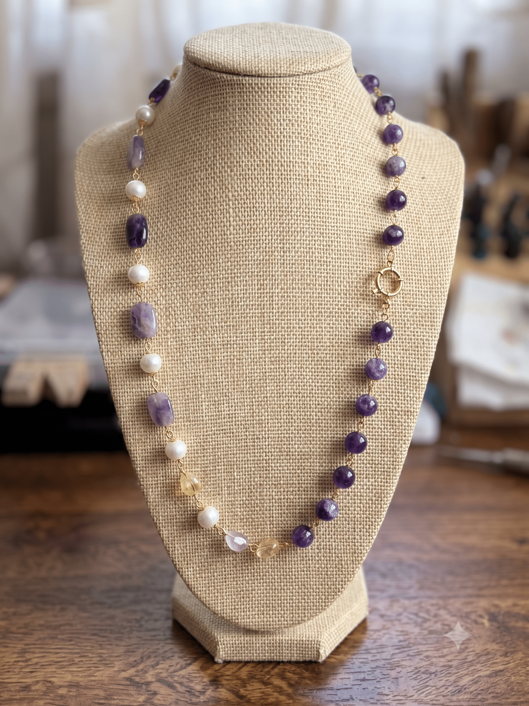 Collana Collana Artigianale Handmade | Ametista Rettangolare, Perle e Quarzo Citrino | Made in Italy - Handmade Made in Italy