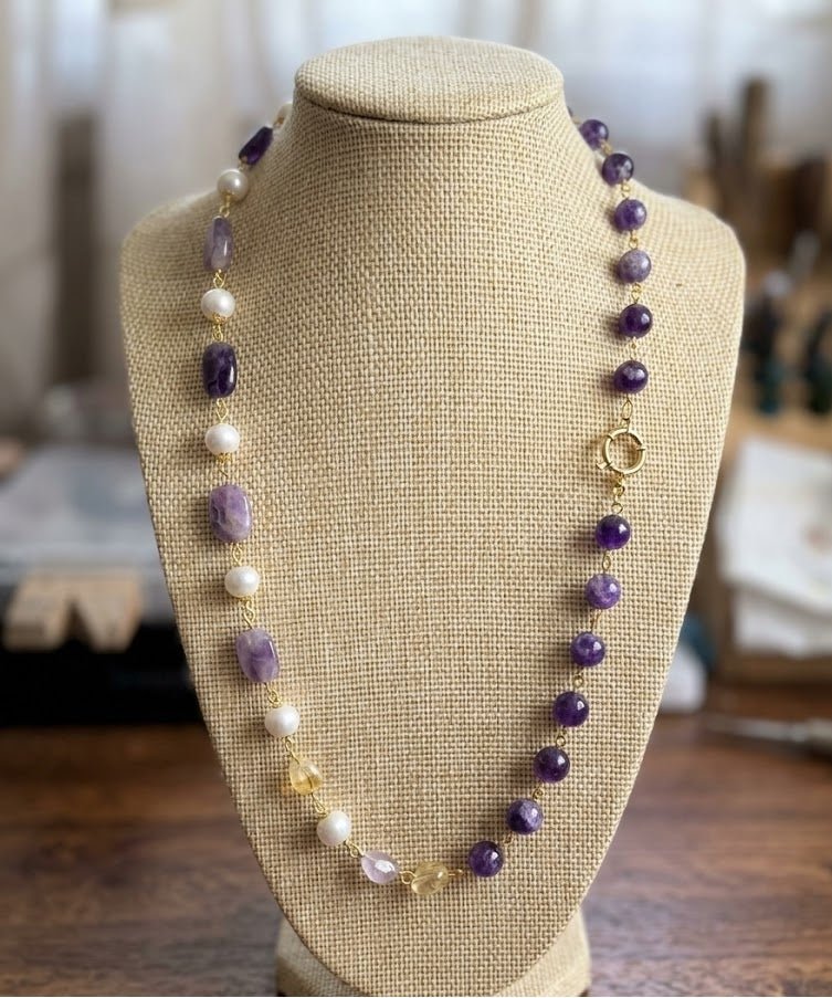 Collana Collana Artigianale Handmade | Ametista Rettangolare, Perle e Quarzo Citrino | Made in Italy - Handmade Made in Italy