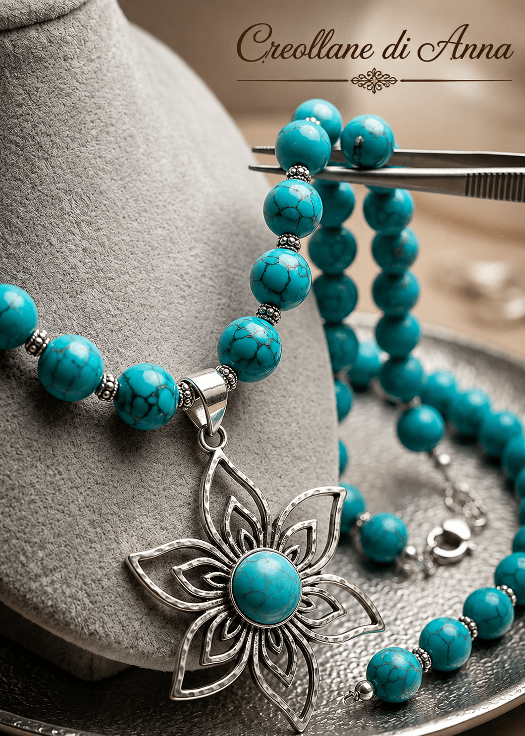 Collane Collana a Filo Artigianale Handmade | Turchinite, Ciondolo Fiore in Acciaio e Spaziatori Silver con Greche | Made in Italy - Handmade Made in Italy