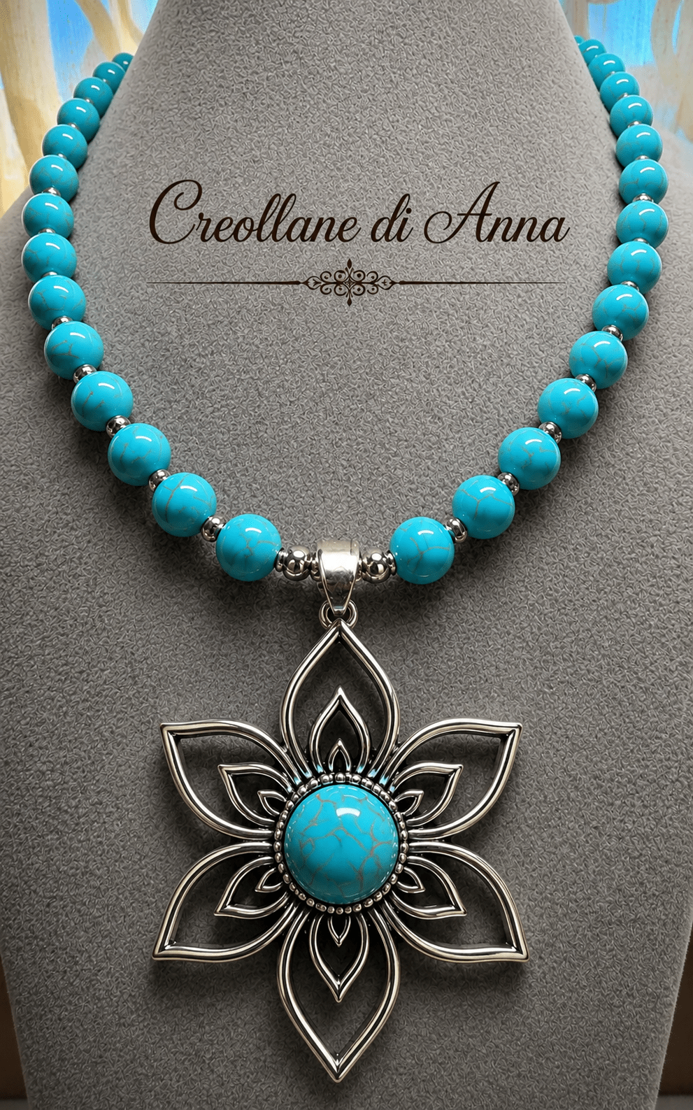 Collane Collana a Filo Artigianale Handmade | Turchinite, Ciondolo Fiore in Acciaio e Spaziatori Silver con Greche | Made in Italy - Handmade Made in Italy