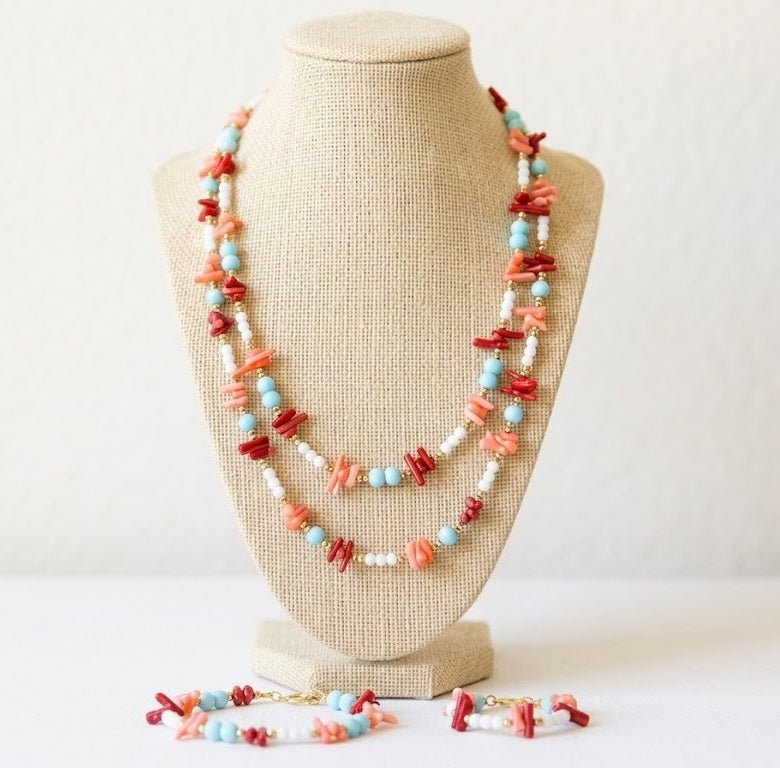 Collane Collana Artigianale Handmade | Corallo Bambù Rosso e Rosa, Turchenite, Agata Bianca ed Ematite | Made in Italy - Handmade Made in Italy