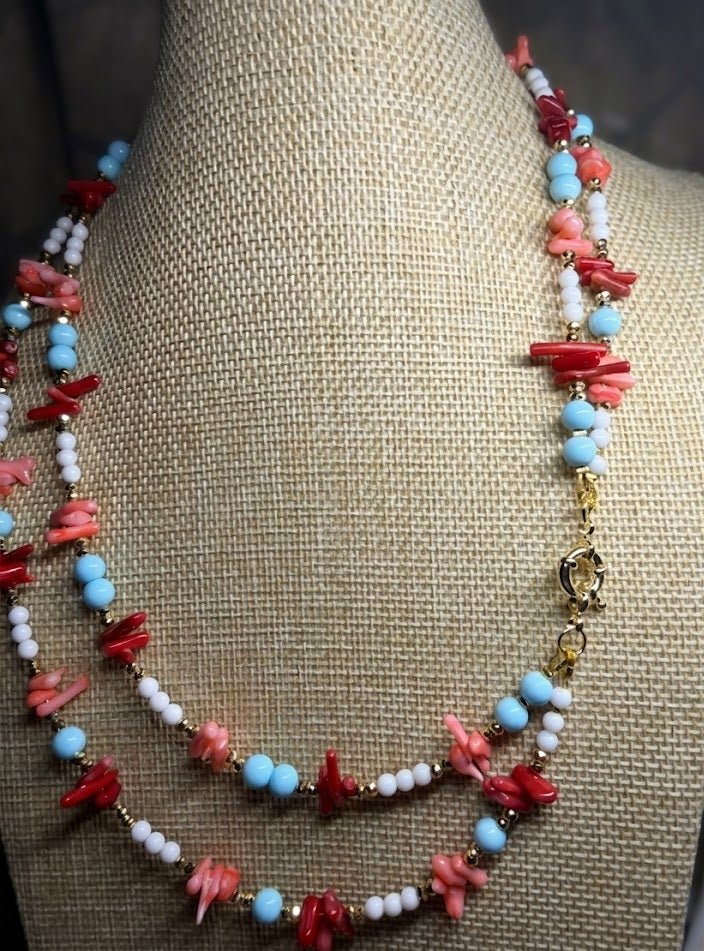 Collane Collana Artigianale Handmade | Corallo Bambù Rosso e Rosa, Turchenite, Agata Bianca ed Ematite | Made in Italy - Handmade Made in Italy