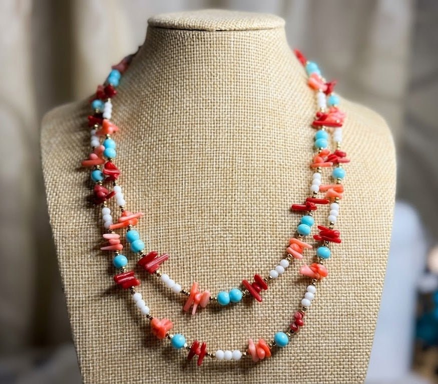 Collane Collana Artigianale Handmade | Corallo Bambù Rosso e Rosa, Turchenite, Agata Bianca ed Ematite | Made in Italy - Handmade Made in Italy