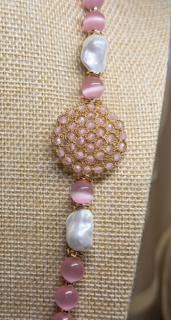 Collane Collana Artigianale Handmade | Occhio di Gatto Rosa, Elemento in Cristalli e Perle | Made in Italy - Handmade Made in Italy
