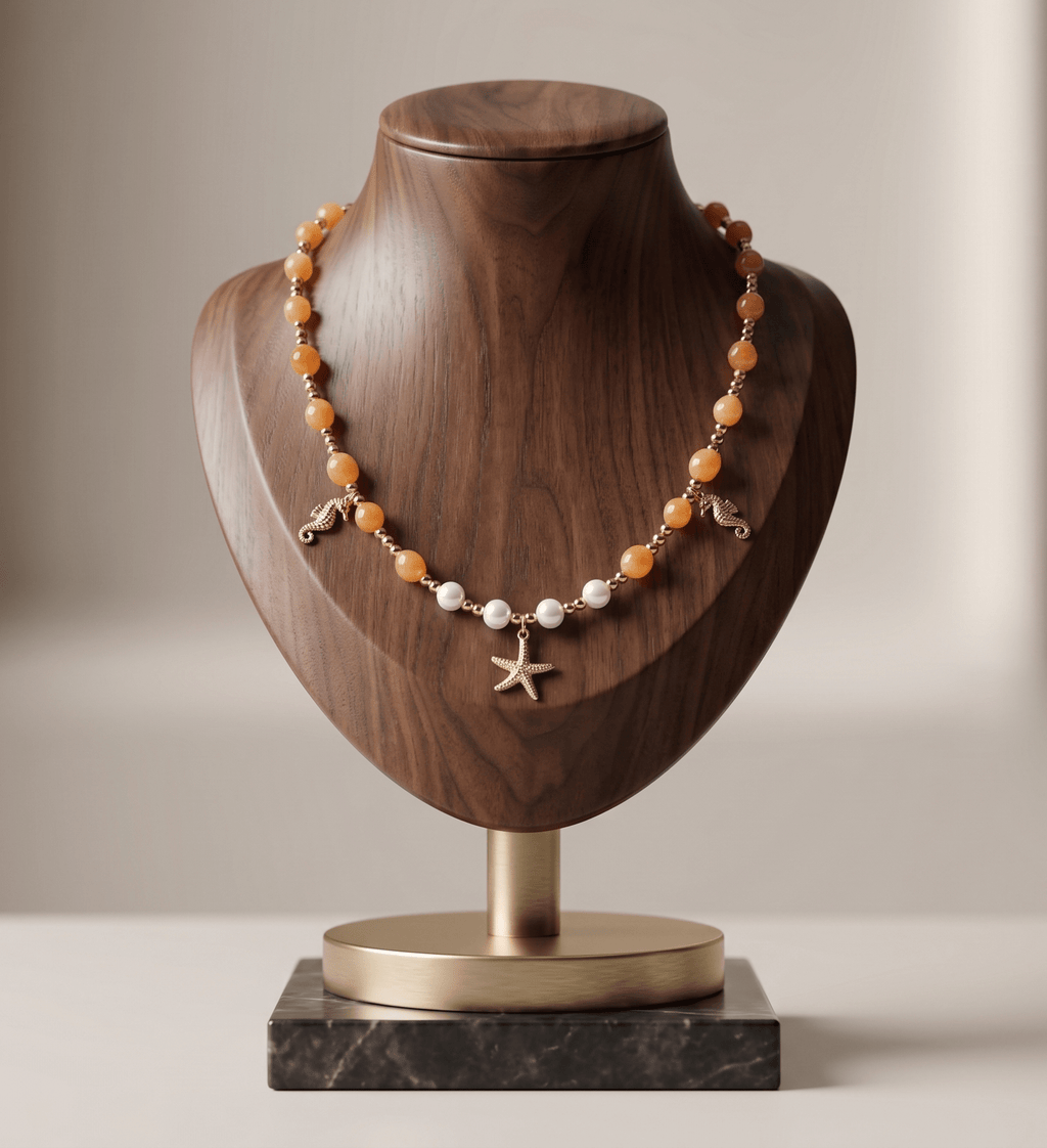 Collane Collana Artigianale Handmade | Quarzo Avventurina Arancione, Ematite, Perle di Maiorca e Charm Mare | Made in Italy - Handmade Made in Italy
