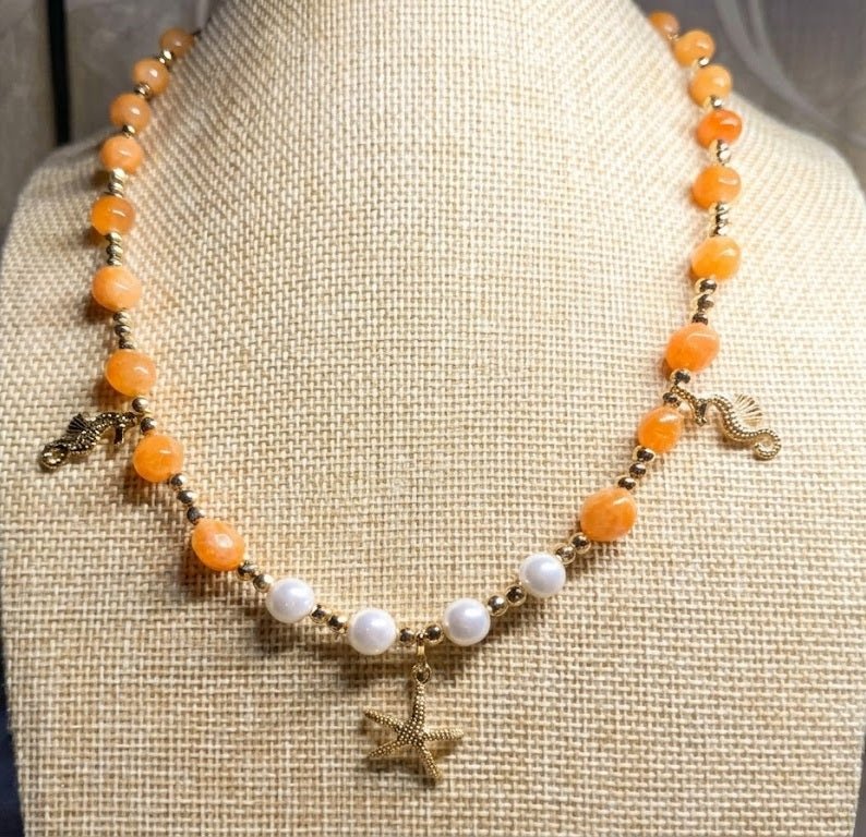 Collane Collana Artigianale Handmade | Quarzo Avventurina Arancione, Ematite, Perle di Maiorca e Charm Mare | Made in Italy - Handmade Made in Italy