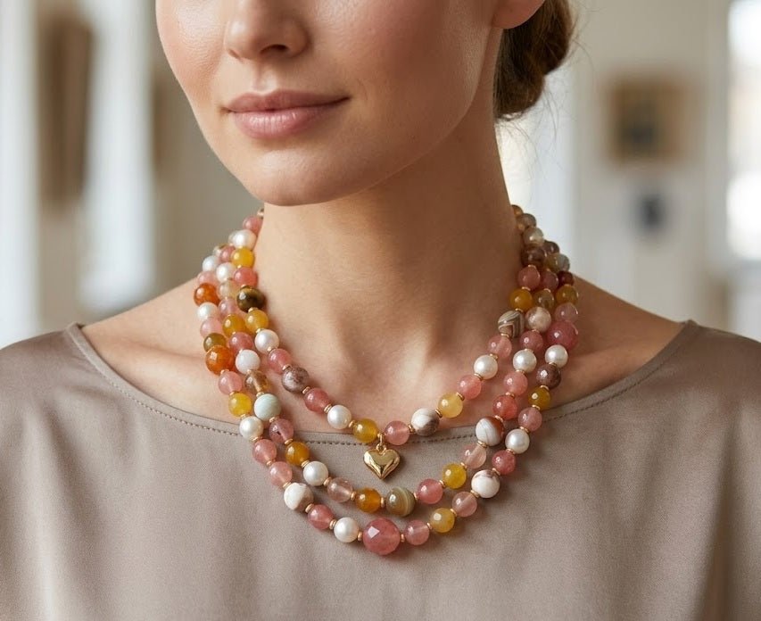 Collane Collana Artigianale Handmade | Quarzo Ciliegia, Agata, Perle Maiorca e Charms Cuore Gold | Made in Italy - Handmade Made in Italy