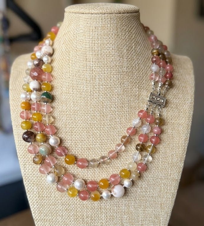 Collane Collana Artigianale Handmade | Quarzo Ciliegia, Perle Maiorca, Agata Silver e Perla Naturale | Made in Italy - Handmade Made in Italy