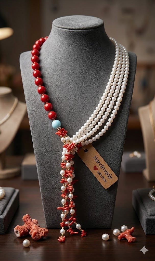 Collane Collana con pietre naturali di opale, corallo e perle di Maiorca | Handmade Italia - Handmade Made in Italy