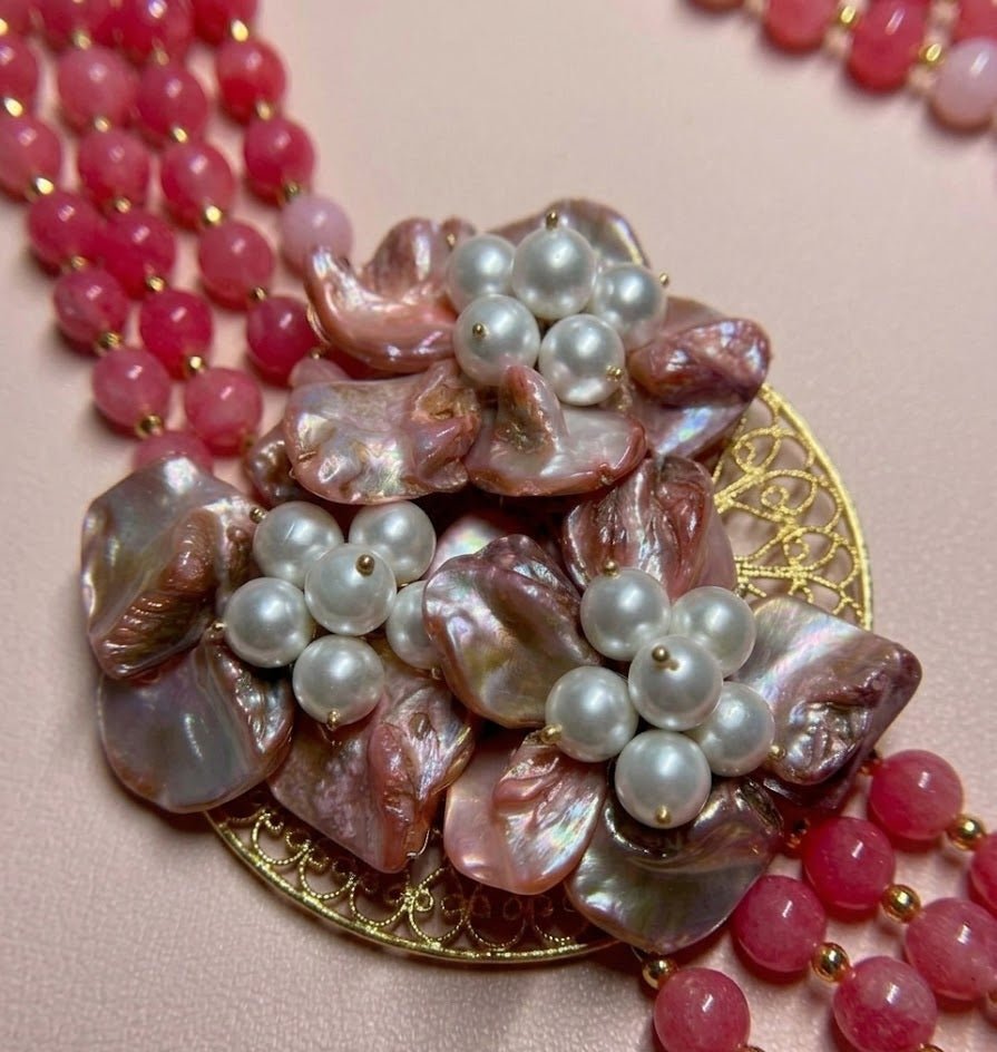 Collane Collana doppio filo in pietra naturale rodocrosite e madreperla | Handmade Italia - Handmade Made in Italy