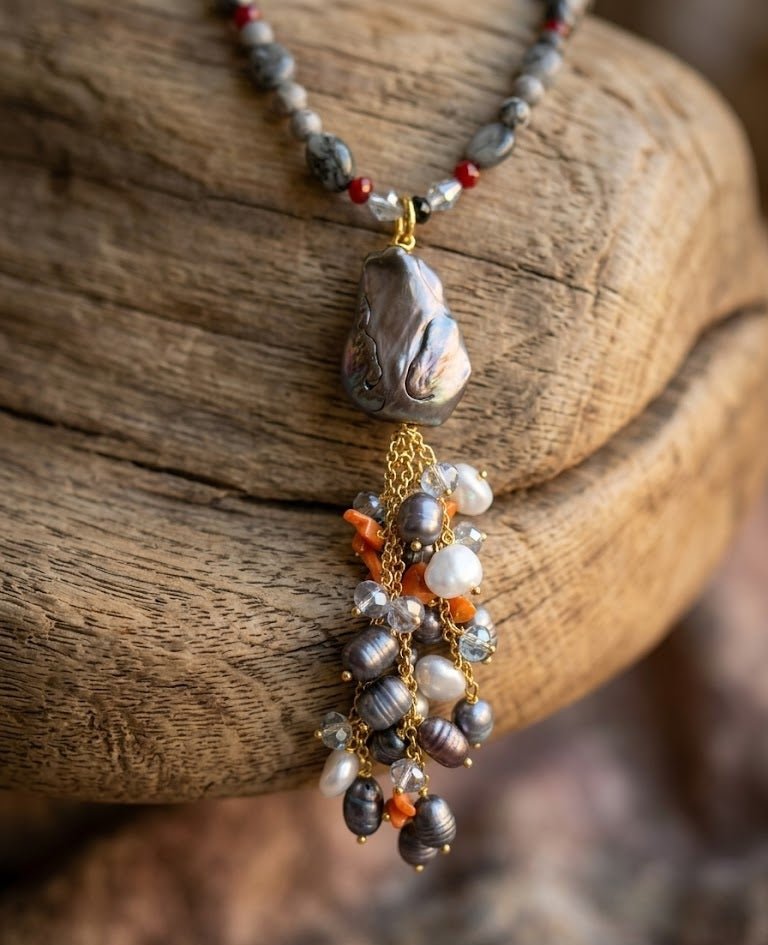 Collane Collana Girocollo a Tre Fili in Diaspro Picasso, Perle e Pasta di Corallo | Handmade - Handmade Made in Italy
