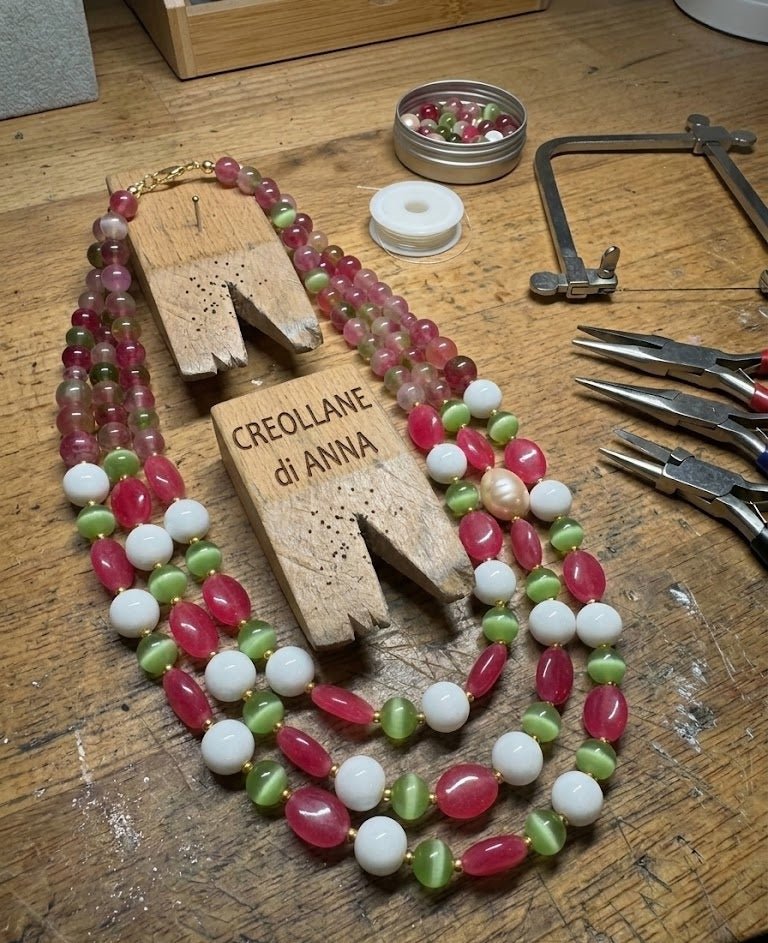 Collane Collana Girocollo a Tre Fili in Giada, Occhio di Gatto e Perla Naturale | Handmade Italia - Handmade Made in Italy