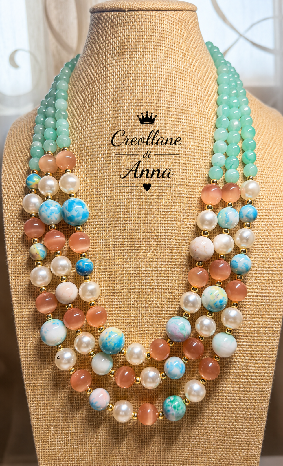 Collane Collana Girocollo Artigianale Handmade | Crisoprasio, Agata, Perle di Maiorca e Occhio di Gatto Albicocca | Made in Italy - Handmade Made in Italy