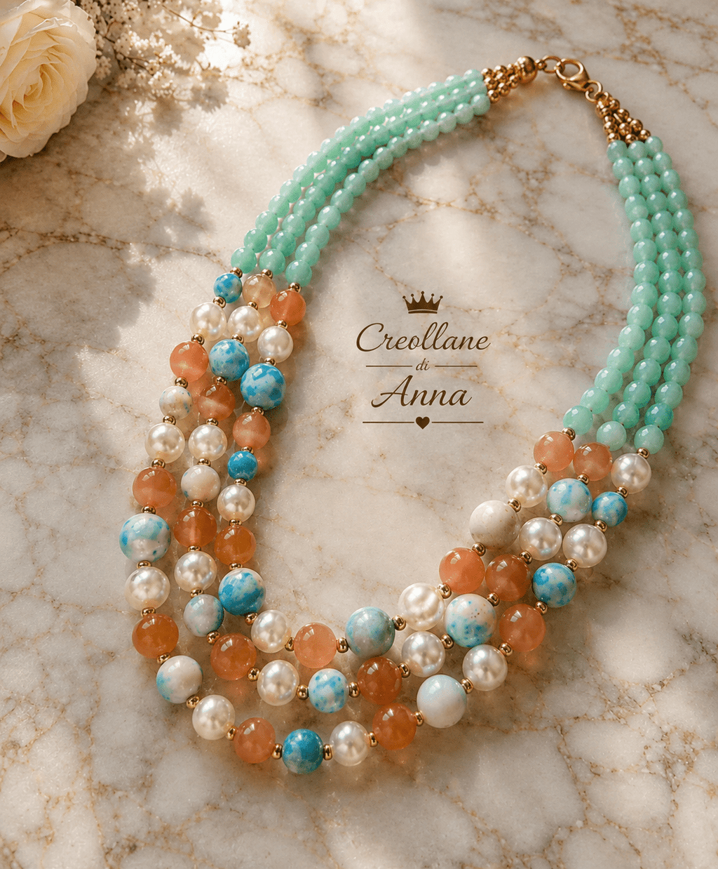 Collane Collana Girocollo Artigianale Handmade | Crisoprasio, Agata, Perle di Maiorca e Occhio di Gatto Albicocca | Made in Italy - Handmade Made in Italy