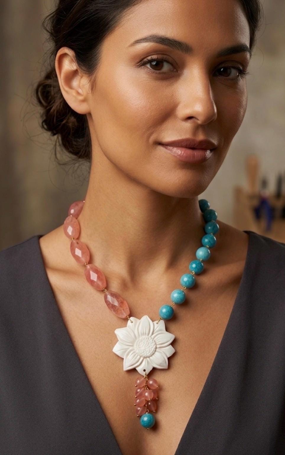 Collane Collana lunga con pendente in quarzo rosa, amazzonite e cameo | Handmade Italia - Handmade Made in Italy