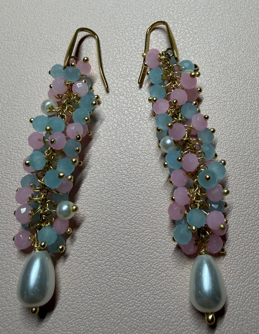 Orecchini Orecchini Pendenti Donna in Cristalli Celesti, Rosa e Perle di Fiume | Handmade Italia - Handmade Made in Italy