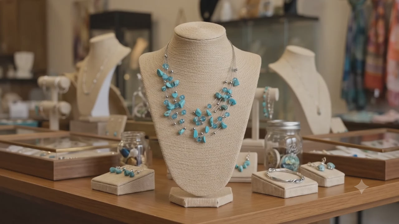 Collana Multifilo Artigianale Handmade | Acciaio, Chips di Pasta di Turchese e Cristalli | Made in Italy